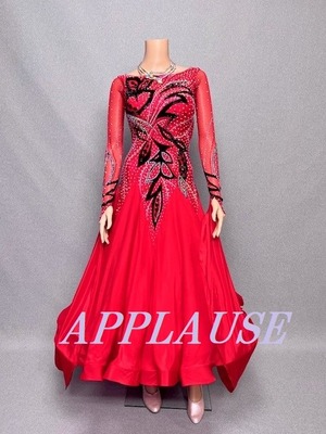 【新着】社交ダンス ドレス　スタンダード　モダンドレス　レッド（ブラックパターン）　ＳＭ～Ｍ　 ST-24-29    デモ・競技用ドレス　発表会衣装　パーティドレス　ワンピース　舞台衣装