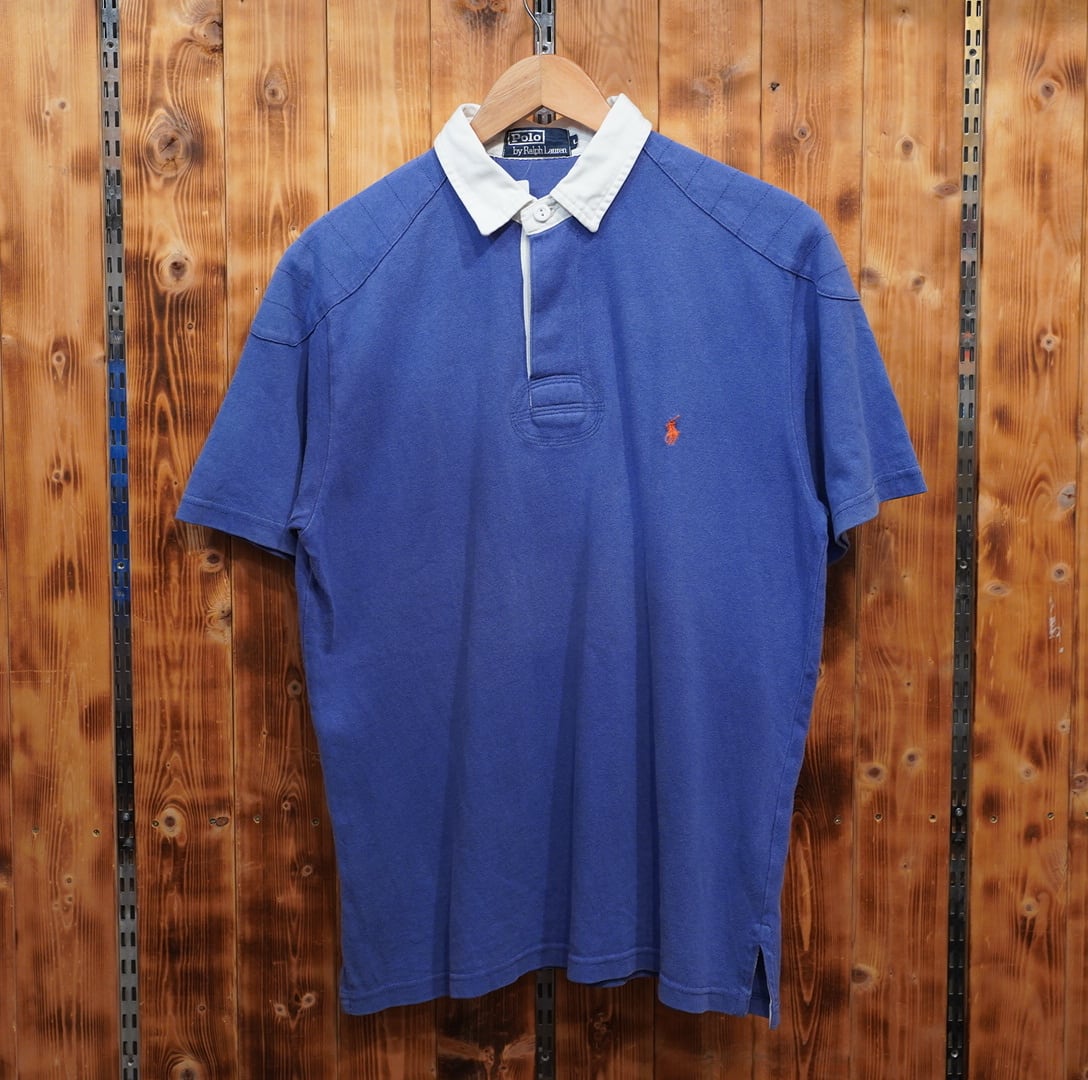 90s ralphlauren 半袖 ラガーシャツ L/ラルフローレン ブルー
