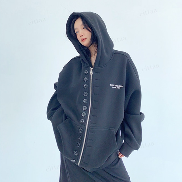 ★予約★D-918　2026新作♡RICECAKEメニーボタン2WAYジップアップパーカーフーディー　ブラック