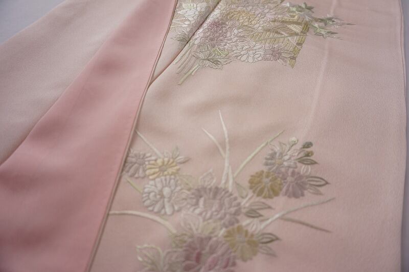未使用 蘇州刺繍 相良刺繍 付け下げ訪問着 一つ紋 花柄 正絹 薄桜色 171