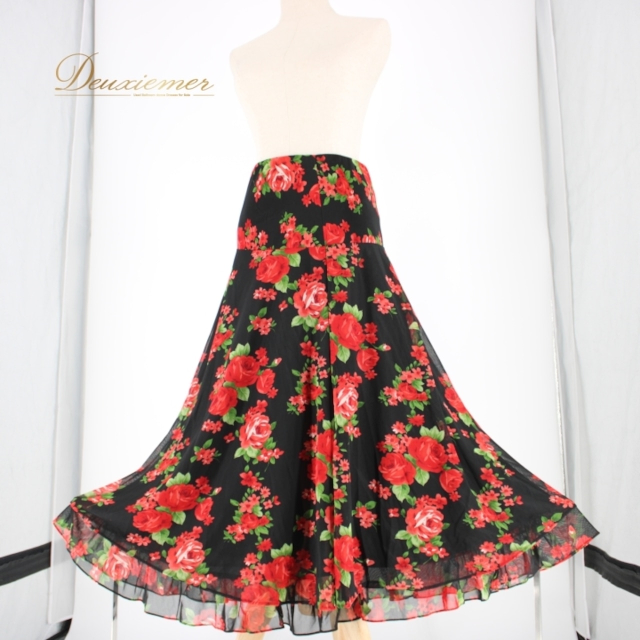 社交ダンス 衣装 スタンダード スカート レッスンウェア 練習着 Create-Sun クリエイトサン 赤 黒 緑 ブラック系 グリーン系 レッド系 花柄 フレアスカート ダンス用スカート プリーツ おしゃれ 可愛い レディース 伸縮性あり 花柄スカート 練習用 自宅練習 フォーマル 黒地 赤い花 ブラックベース スポーツウェア