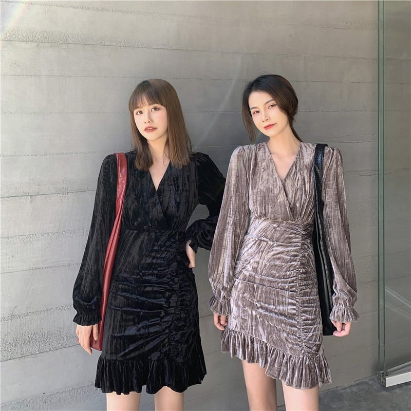 オータムウィンターブラックベルベットスリムプリーツドレス 秋物 冬物 ドラファッションホール42321108180