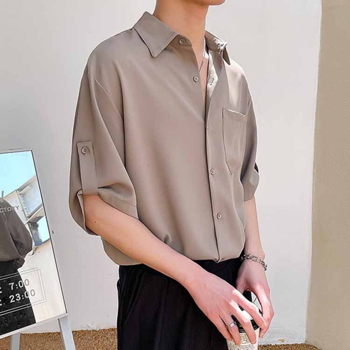 韓国メンズファッション】袖ロールアップ5分袖シャツ きれいめ 大人 
