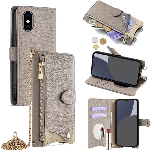 For iPhone XS ケース 手帳型 ショルダー For iPhone X カバー 財布型 肩掛け 横+縦 2掛け方 斜めがけ 化粧鏡付き おしゃれ ジッパー小銭入れ カード収納 横置き ロングストラップ 耐汚れ PUレザー 防指紋 高耐久性 女性用 贈り物 COCOCLOUD グレー