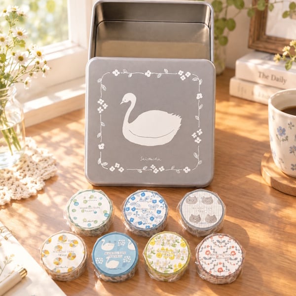 ❤本日限定❤【新品】星燈社　マスキングテープ　ノベルティ缶　紙博　手帳デコ 星燈社 2026年秋冬 マスキングテープ7柄+白鳥缶セット | ぶんぐマート