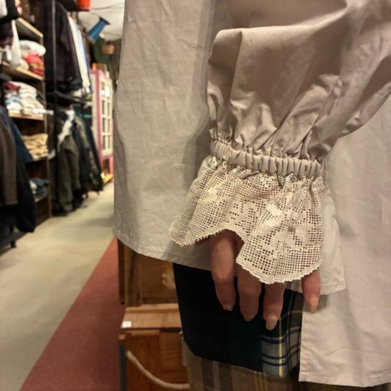 UNIVERSAL SEVEN Natural Typewriter Italian Filet Lace Stand Collar Shirt, Greige, Long Sleeve, Cotton Blouse