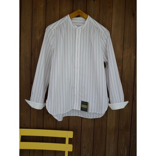 【Unisex】Handwerker │ STRIPE collarless shirts（Off white/ brown）