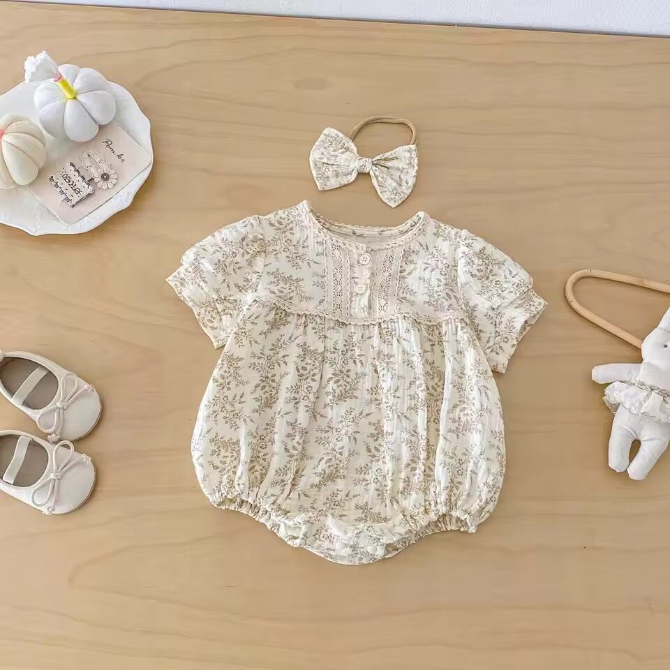 ヘアバンド付きリーフガーゼロンパース