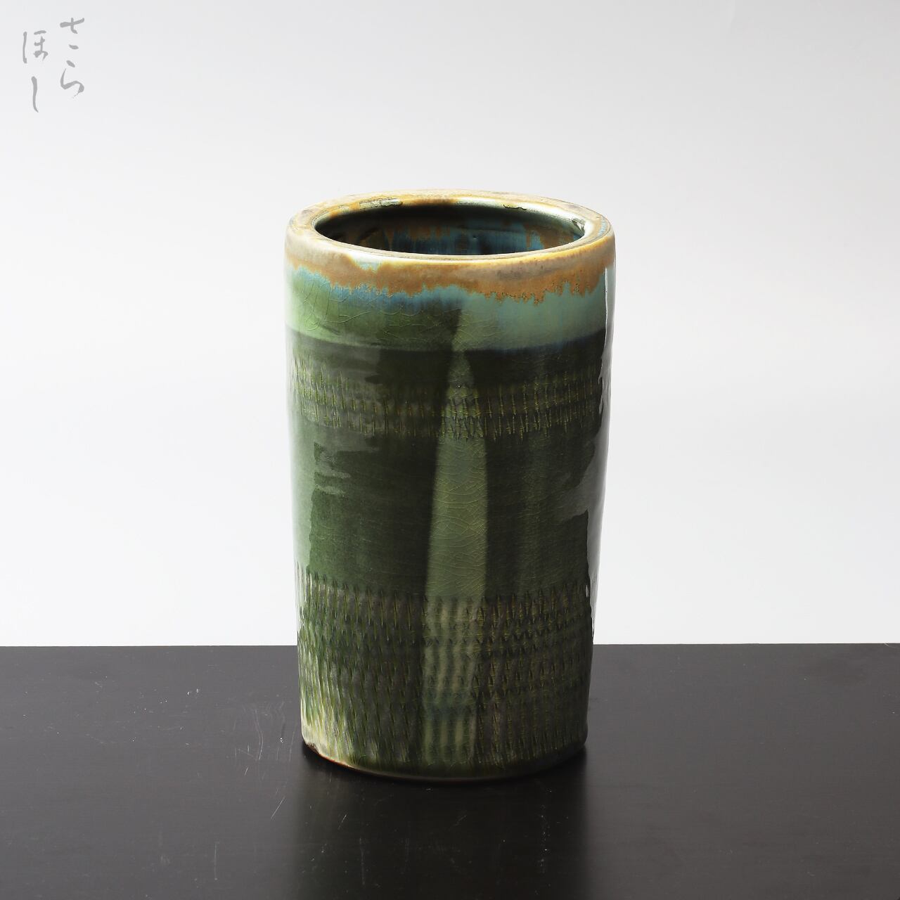 【一点もの】小鹿田焼 小袋窯 6寸筒花瓶 飛びかんな 緑 高さ約18cm 箸立て 筆立て カトラリースタンド 陶器 雑貨 民藝