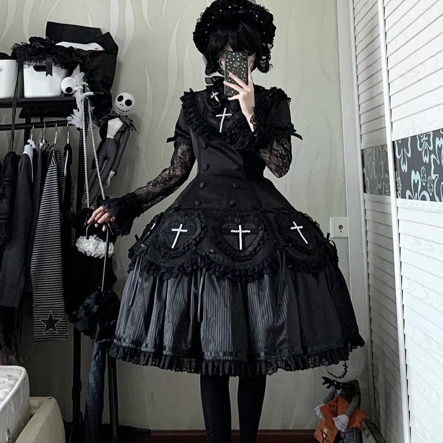 【もっぷ】ゴスロリドレス ボンネット付き　XLサイズ ゴスロリ ダークウィドウ 魔女 ボンネット 病み可愛い ダークゴシック