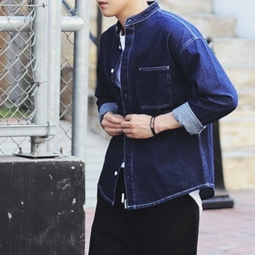 バンドカラー デニムシャツ スタンドカラー | Korean unisex fashion