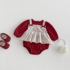 【BABY】レイヤードレースレッドロンパース