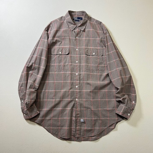 90s シンガポール製　Ralph Lauren　ポニー無し　フラップポケット　チェック　長袖シャツ　ラルフローレン　ピンクベージュ　L 古着