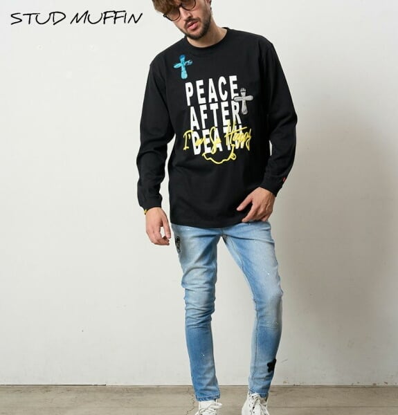 STUD MUFFIN スタッドマフィン ロンT PEACE AFTER DEATH&クロスパッチワーク 長袖 Tシャツ カットソー メンズ トップス ブラック 524-02820