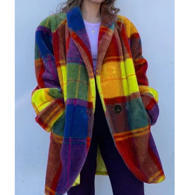 olorful check printed long coat with collar<c1452>