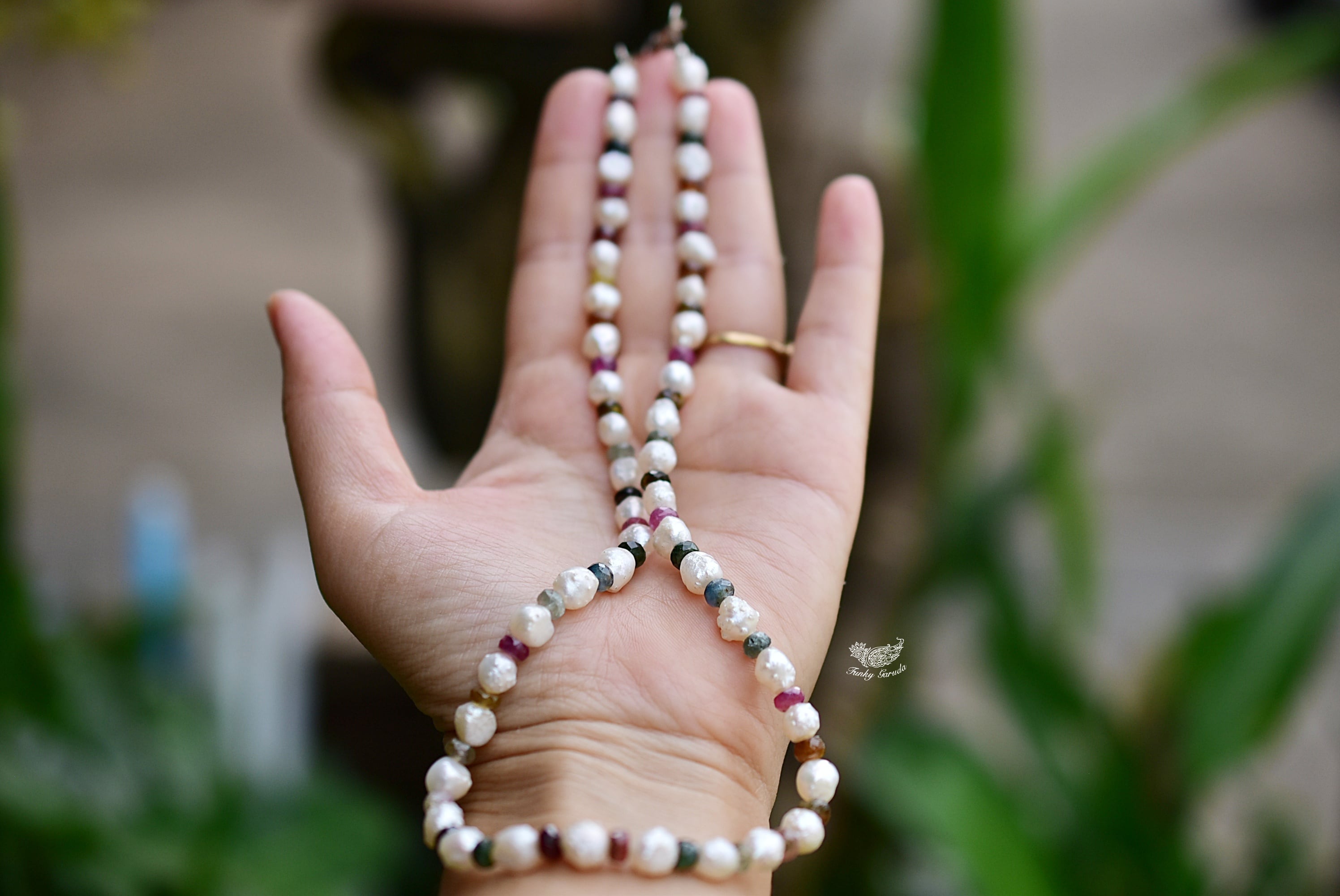 不思議な形★バロック真珠パール +トルマリンネックレス870