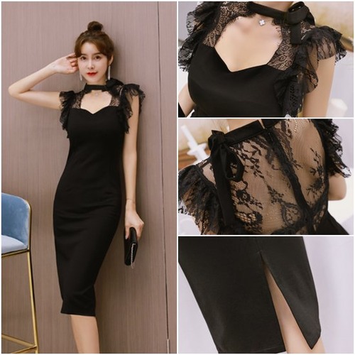 パーティードレス レディースワンピース 大きいサイズ ホルターネック スリムフィット オフショルダー エレガント セクシー Vネック ハイウエスト 無地 膝丈 レース フォーマル お呼ばれ パーティー