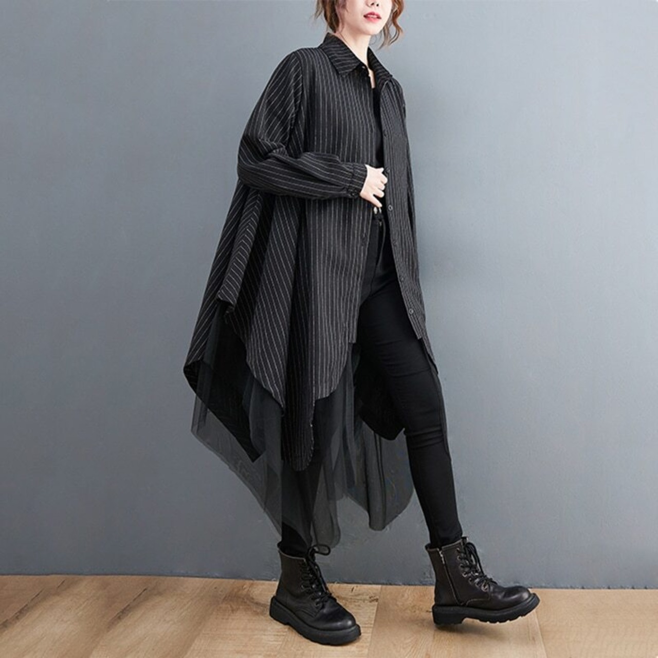 Striped Spliced Mesh Shirt Dress / ストライプ シャツ × メッシュ ワンピース