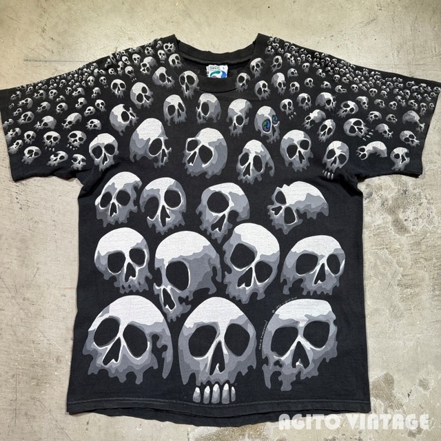 90's LIQUID BLUE SON OF SKULLS Tee リキッドブルー スカル総柄 オールオーバープリント ブラック CHRIS PINKERTON 1992 コピーライト Lサイズ USA製 希少 ヴィンテージ BA-2964 RM3385H