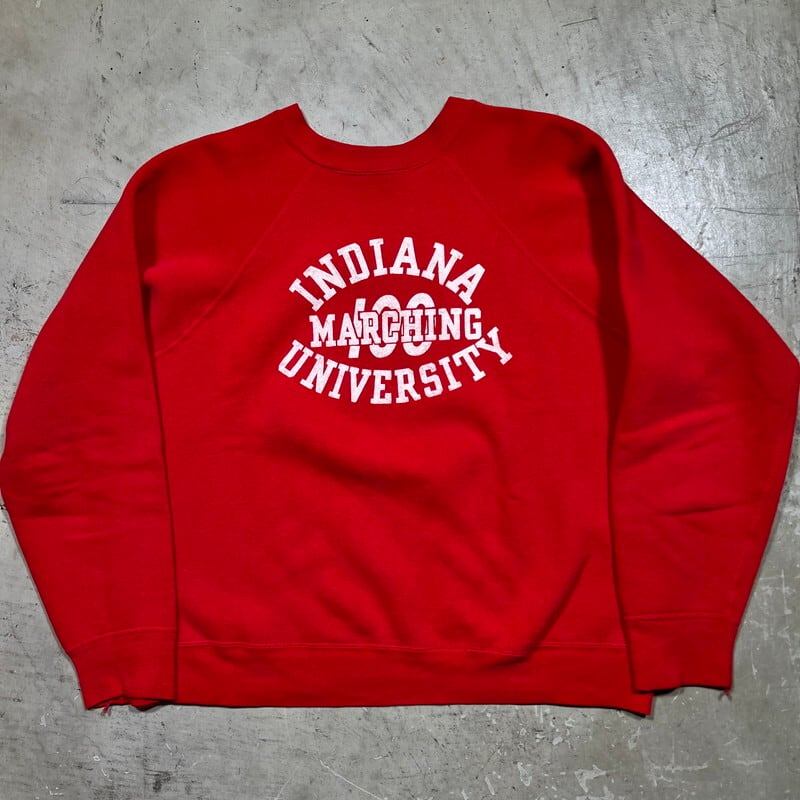 70's Champion チャンピオン カレッジラグランスウェット バータグ初期 フロッキープリント INDIANA UNIVERSITY MARCHING HUNDRED マーチングバンド グッドコンディション Lサイズ USA製 希少 ヴィンテージ BA-2079 RM2498H