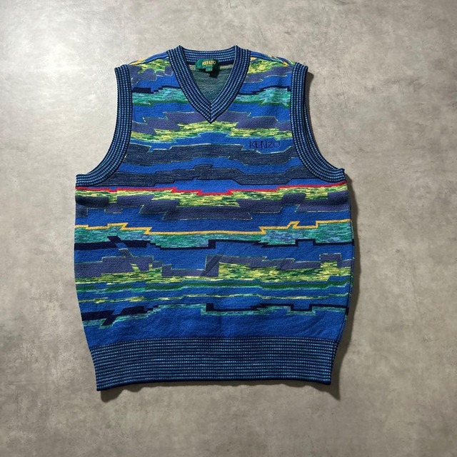 KENZO ワンポイントロゴ 幾何学 ブルー レトロ Vネック ニット ベスト