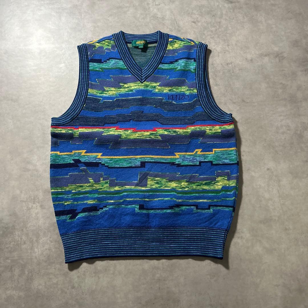 KENZO ワンポイントロゴ 幾何学 ブルー レトロ Vネック ニット ベスト