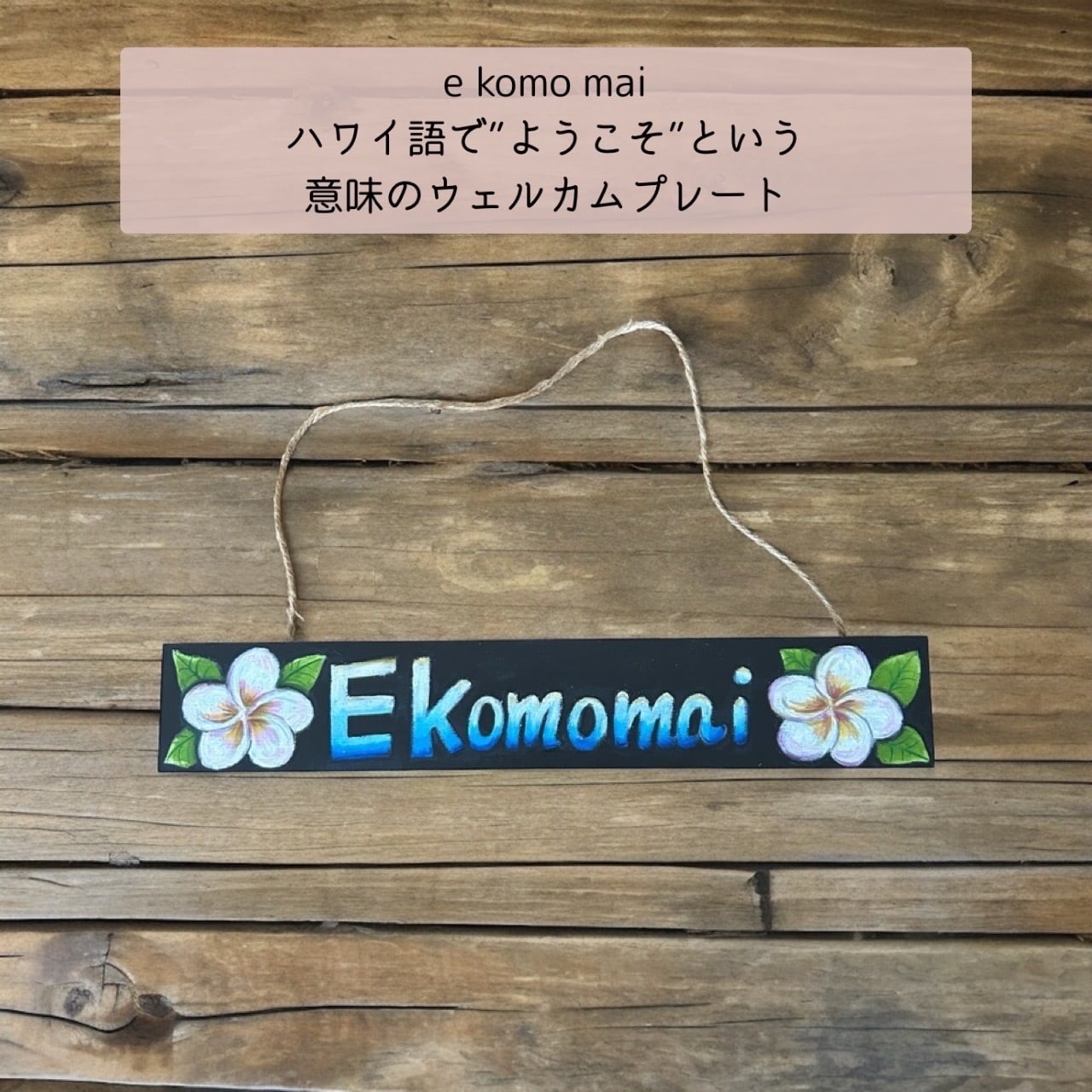 e komo mai ハワイ語で”ようこそ”という意味のプルメリアのWelcome