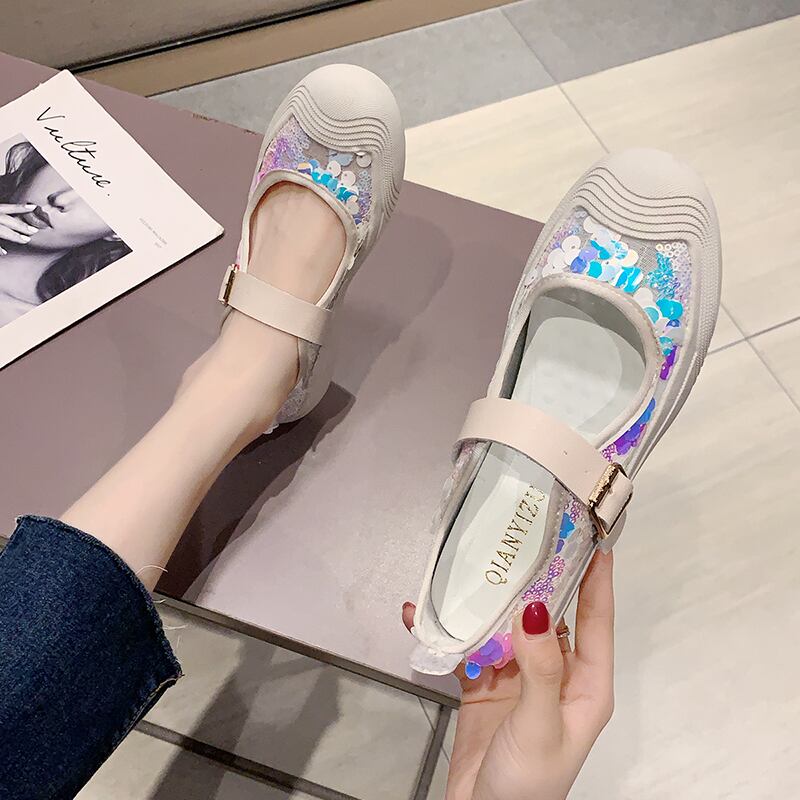 リトルホワイトシューズ2020夏の新しいメアリージェーンカジュアルシューズ女性メッシュ通気性スパンコールワードバックル妖精シングルシューズ 部族の婦人靴8967613