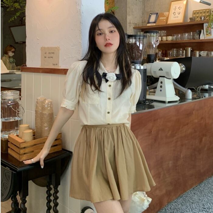 スタンダードスリーブ半袖シャツ カジュアルハイウェストウェストスリムスカート サマー ショート レトロ ハーフスリーブ 夏物 ドラファッションホール91846503166