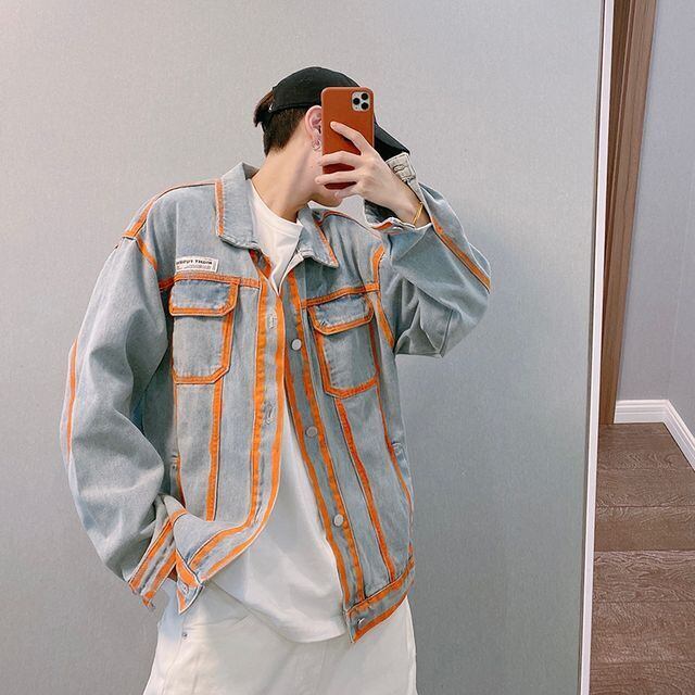 【予約販売】デニムジャケット パイピング カラーリング ペイント アウター オーバーサイズ ジージャン メンズ ブルー M/L/XL/2XL