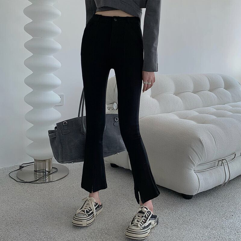 ブラックスリットパンツ オータムハイウェストカジュアルスリム 大人ガーリー スウィート キュート 秋物 ガールズファッション71686438724