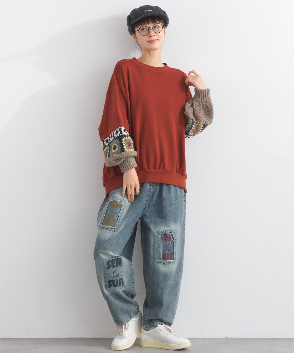 K53117 CT裏毛クロシェモチーフ袖切替スエットプルオーバー / K53117