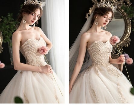 エレガント ウエディングドレス 高級刺繍 スパンコール エンパイア