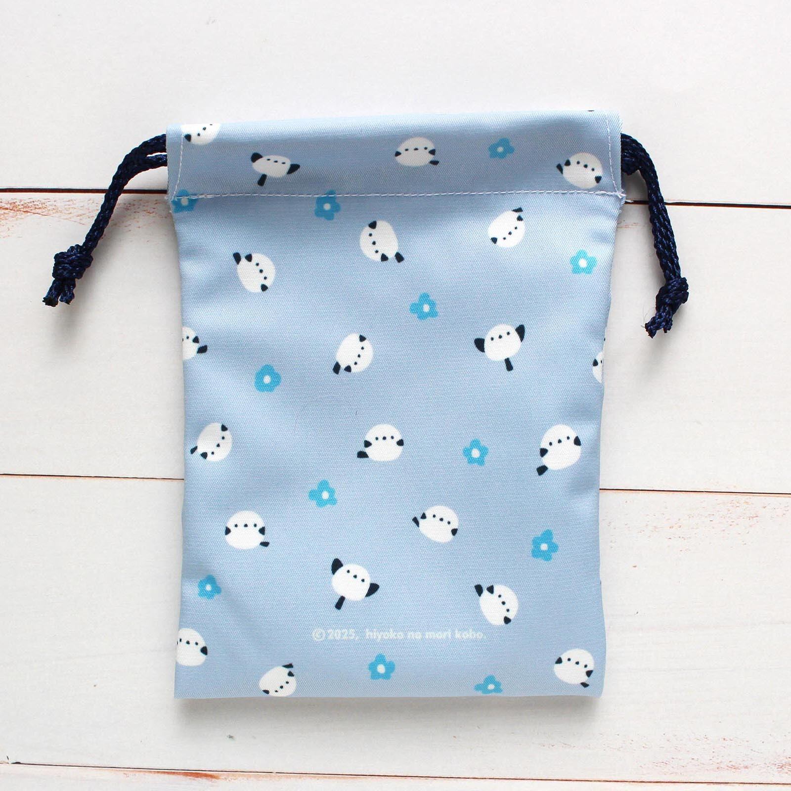 きんちゃく シマエナガ 青い花 | ひよこのもり工房 WebShop