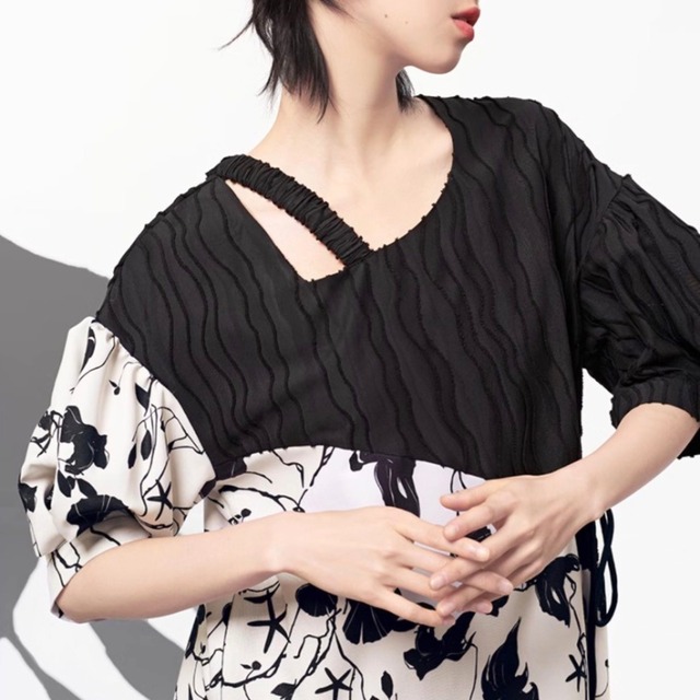 Asymmetric floral ruched one-piece C1604