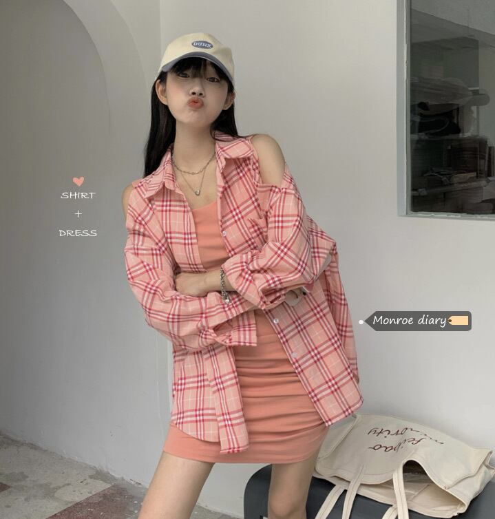 格子柄シャツ オータム薄手ジャケット サマー ロング ピンク 大人ガーリー スウィート キュート カジュアル 夏物 秋物 オフショルダー モンロー98655980704