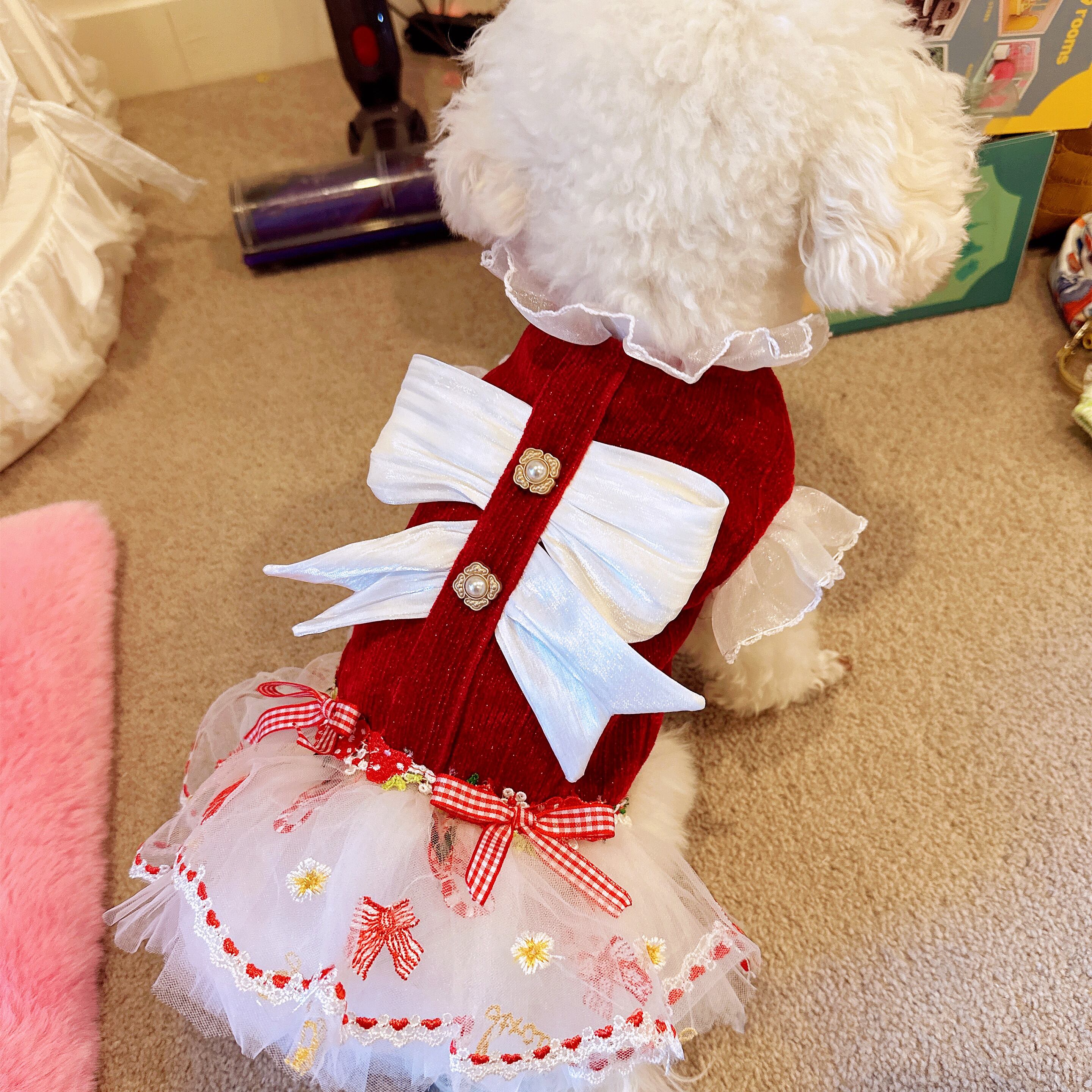 大型犬もOK 大小のリボンが可愛い冬ワンピース