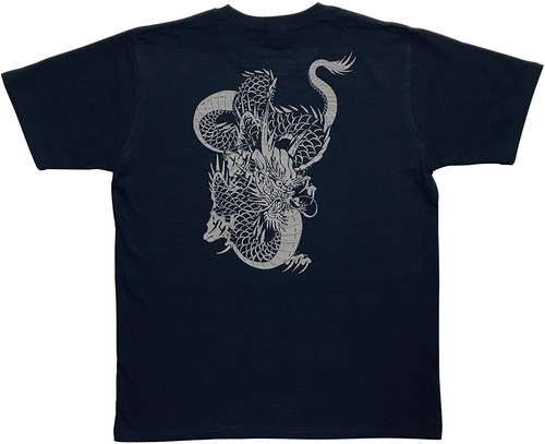 [江戸てん]Tシャツ 6.8オンス 和柄 味のあるスラブ生地に抜染しました メンズ にらみ龍　紺