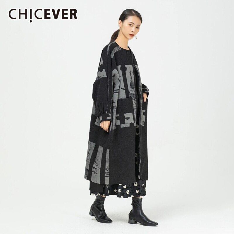 CHICEVERヒットカラーツイードトレンチ女性Oネック長袖ルーズオーバーサイズストリートプリントコート2021秋 ロング オータム 秋物 6base556161684177