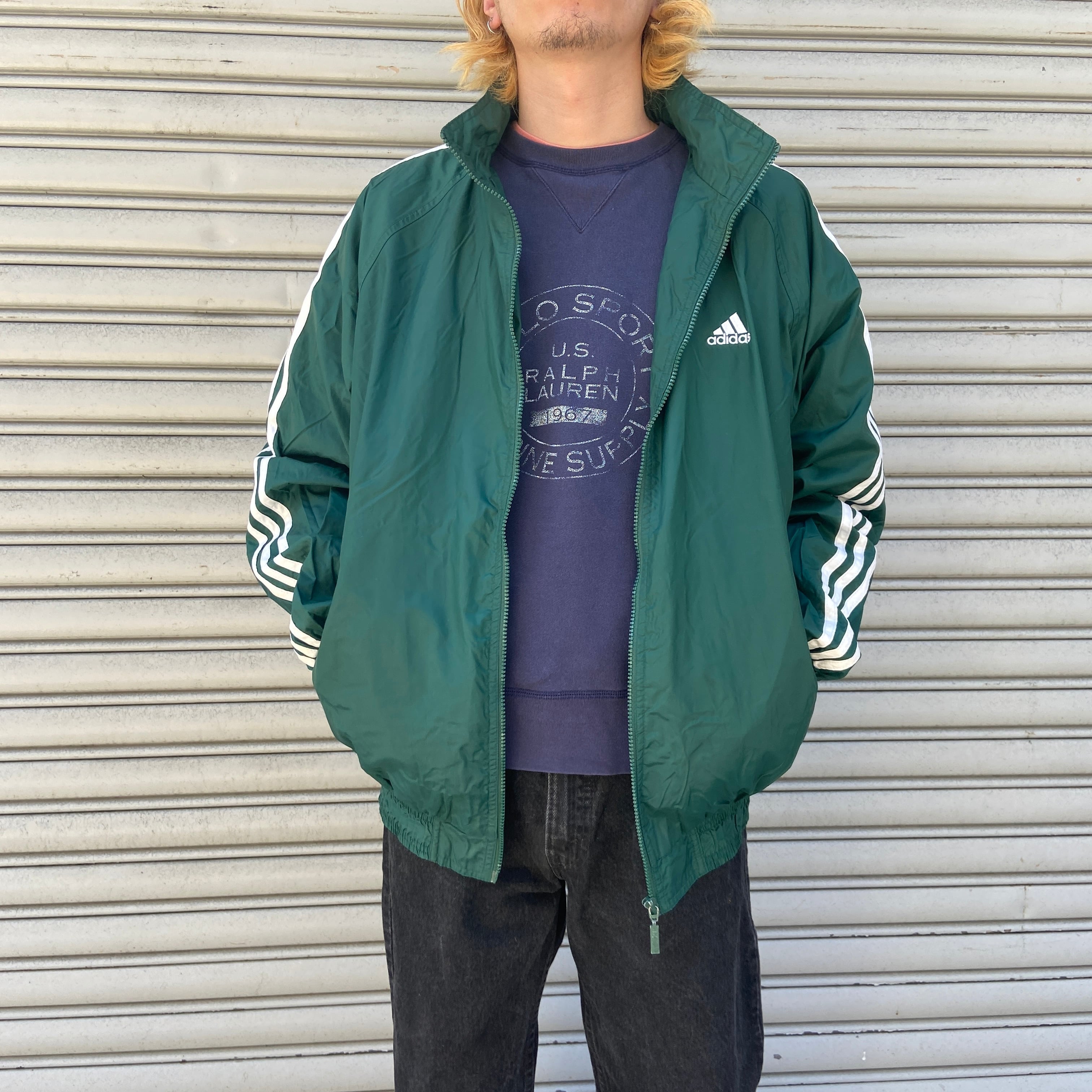 送料無料』90s adidas ナイロンジャケット パフォーマンスロゴ 緑 三本