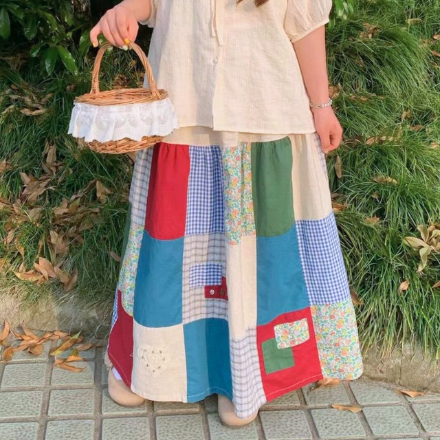 クラシカルカントリー調ハンドメイド風パッチワークギャザースカート W1995