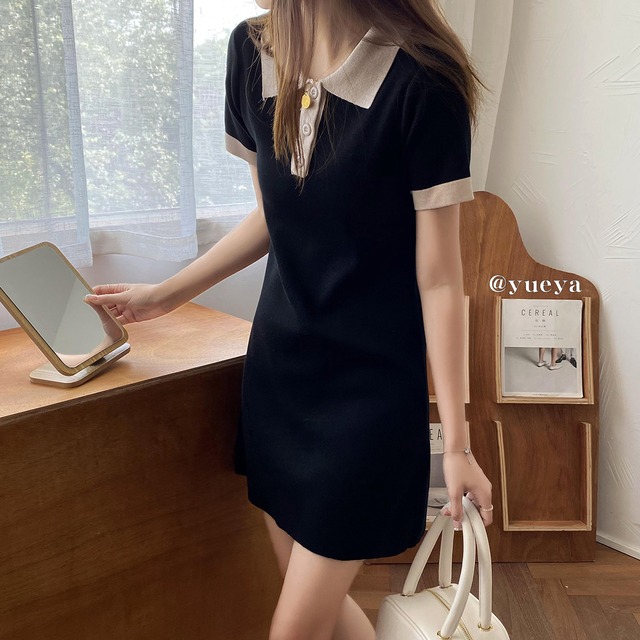 ニットドレス サマールーズカラー半袖スリーブブラックTシャツ ショート ハーフスリーブ 夏物 クレセントシティ49590336180