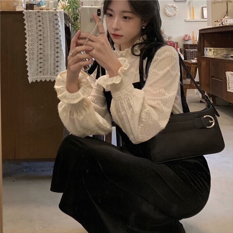 オータムレースシャツ ブラックドレス 秋物 モンロー51933473202