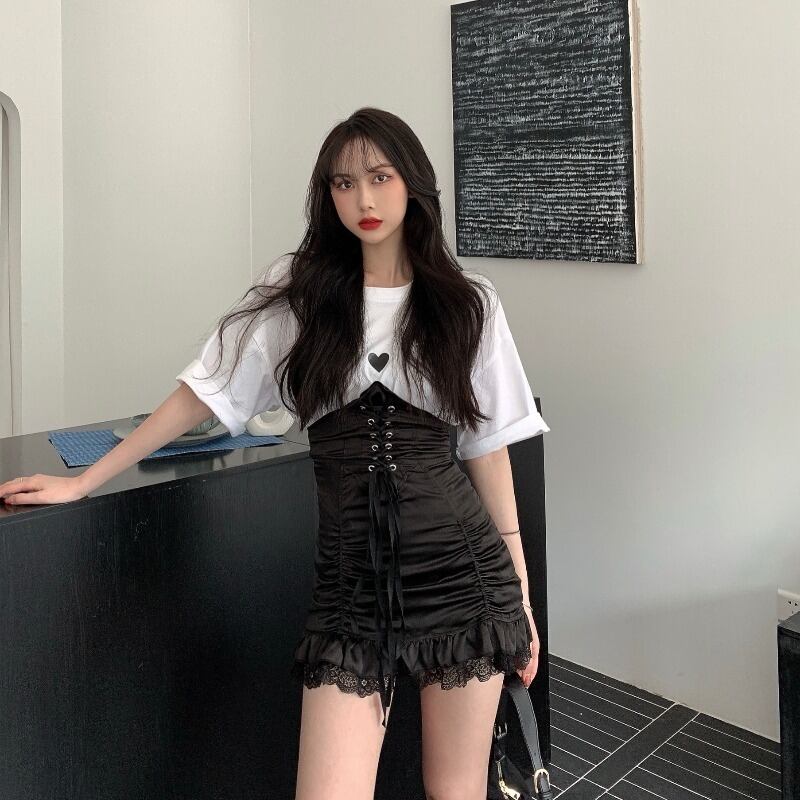 スカート ハイウェストウェストレースショートサマーブラック薄手 夏物 ブラックストロベリース92060436531