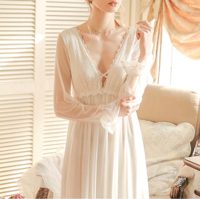 【S-XL】white long sleeve onepiece  roomwear negligee p255