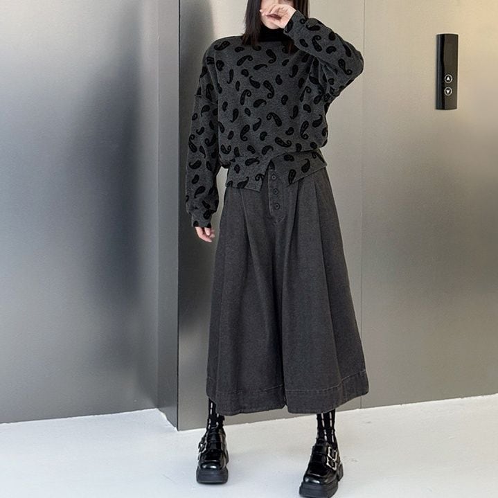 BLACK A-LINE WIDE LEG CROPPED DENIM PANTS 1color M-15517