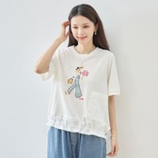 TRUBE ガール&花束イラスト裾ドロスト絞りTシャツ【M~L】ホワイト