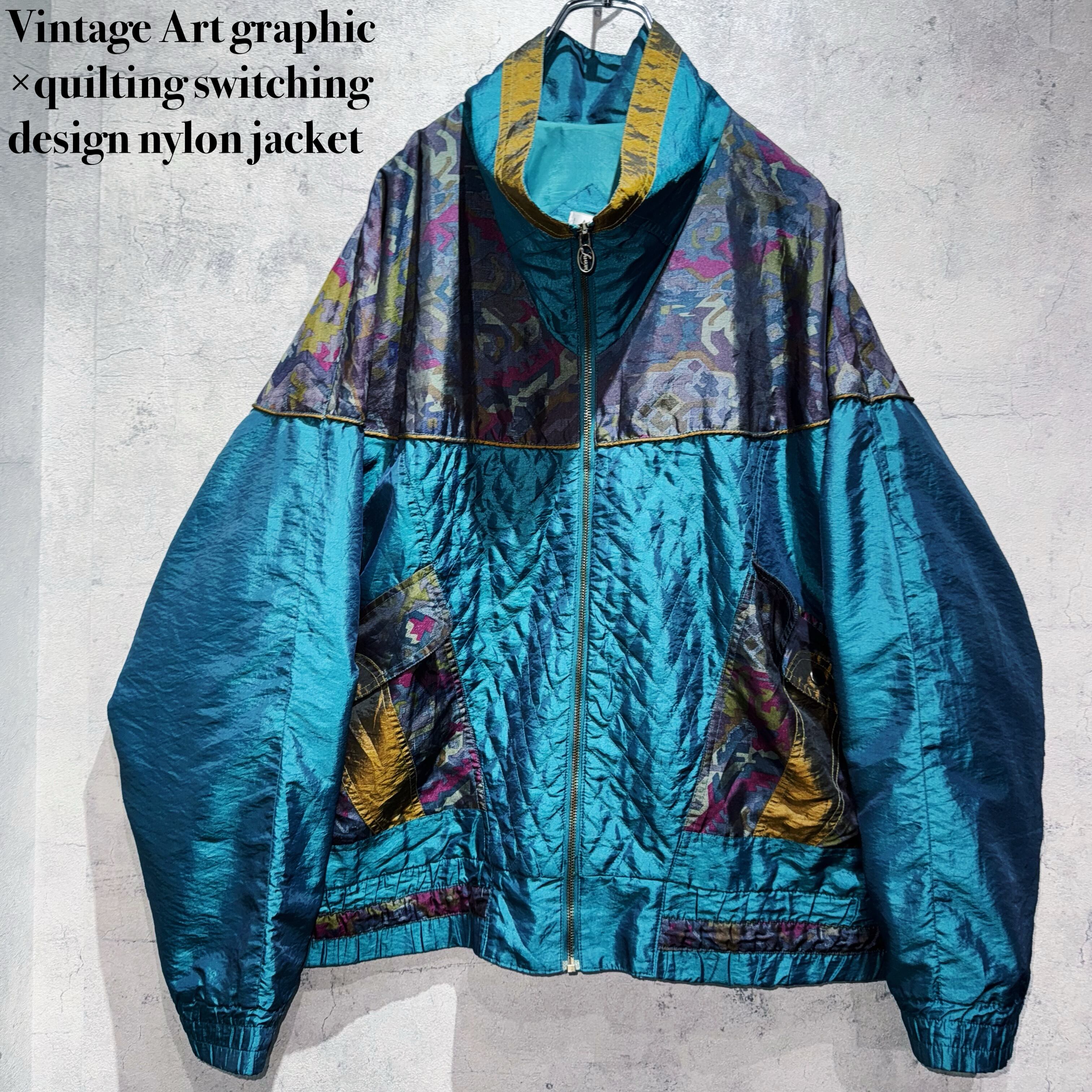 Vintage Art graphic×quilting switching design nylon jacket