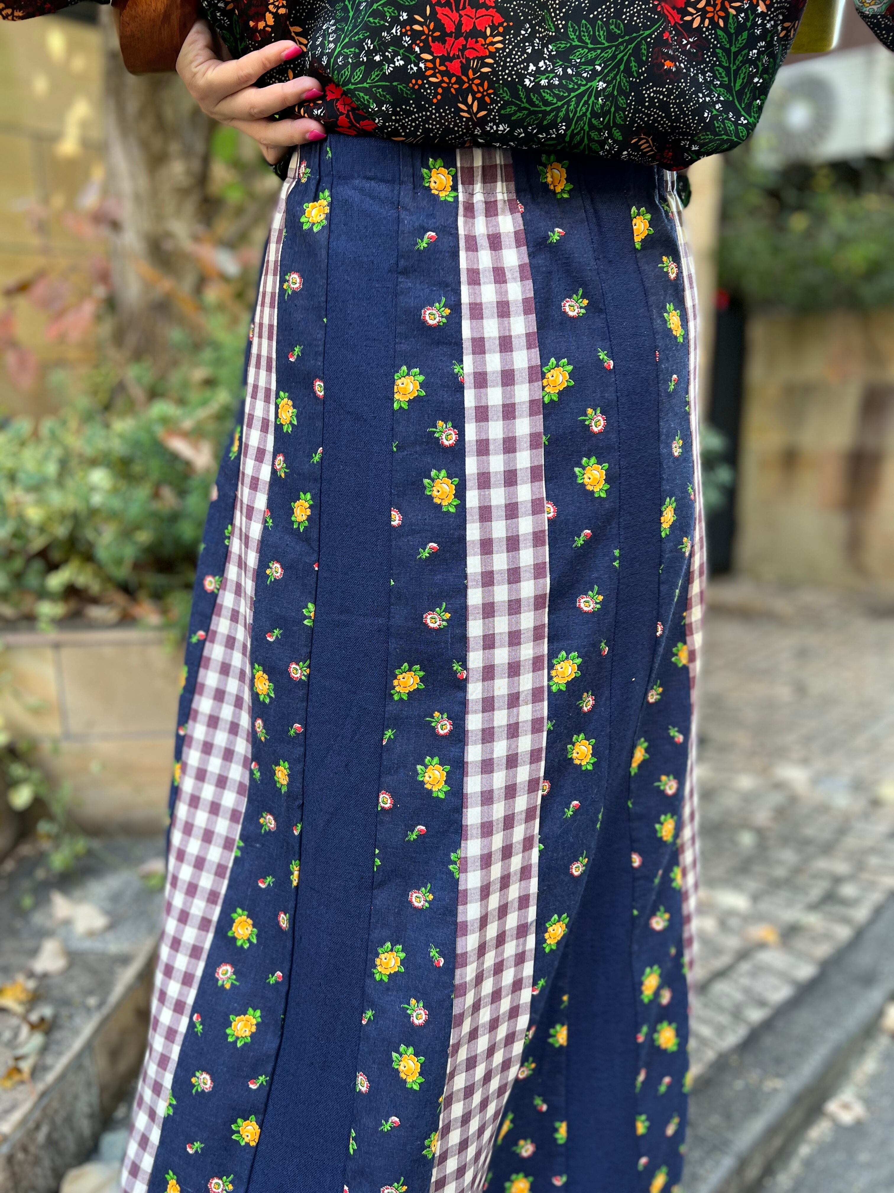 70s handmade navy floral × gingham check cotton long skirt