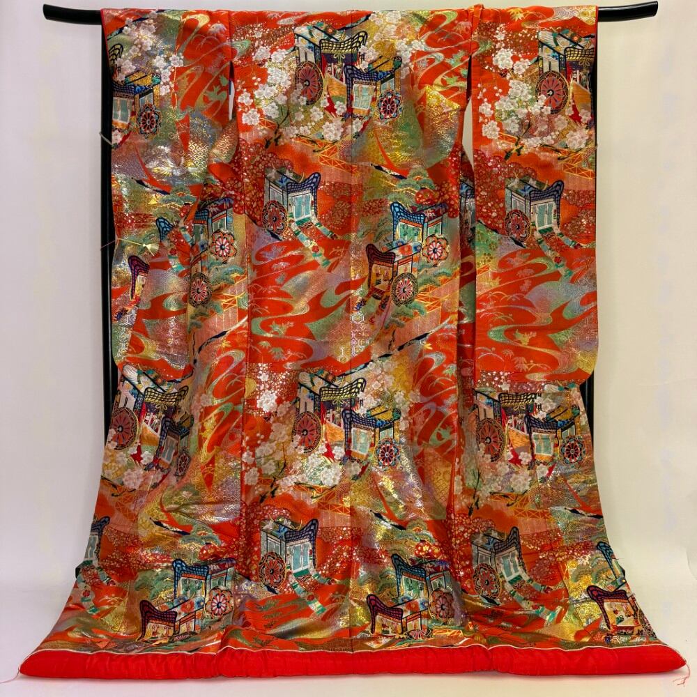 色打掛 正絹 鶴 刺繍 オレンジ 打掛 花嫁衣裳 ポリエステル リサイクル 中古 ブライダル ウエディング 着物 6072